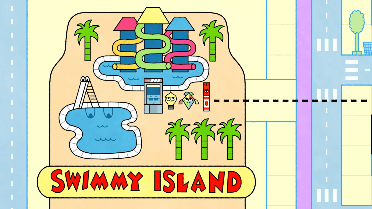 Watt, Windy, and Mark use maps to navigate to Swimmy Island Water Park.