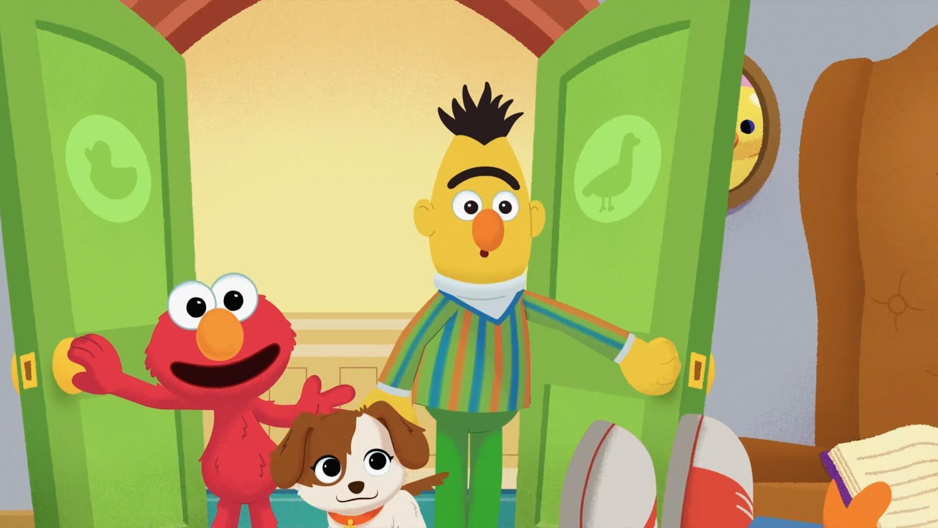 Elmo and Tango try to help Bert find some place quiet to read.