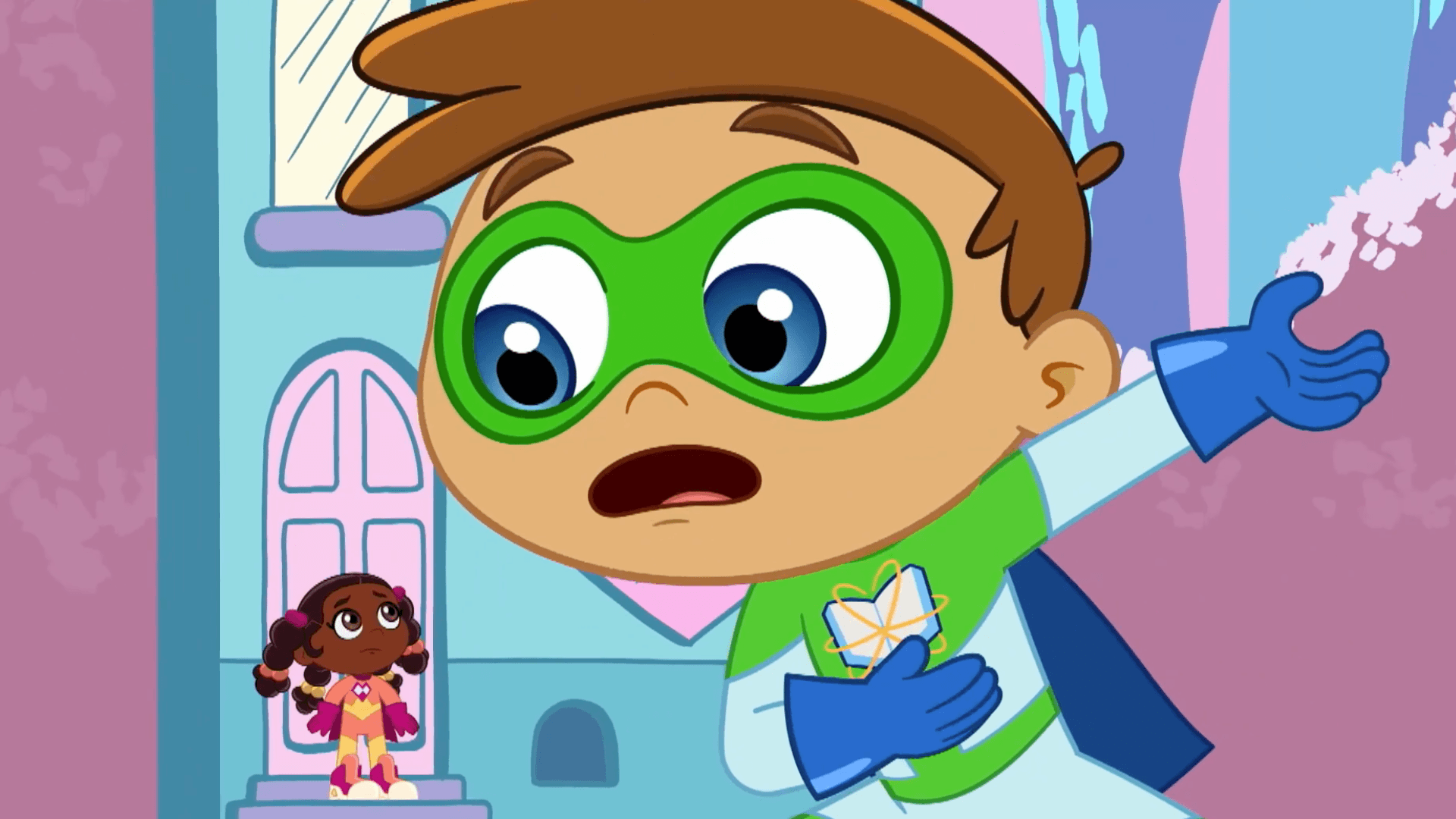 Outta Space causes Power Paige to shrink and become trapped inside a dollhouse.
