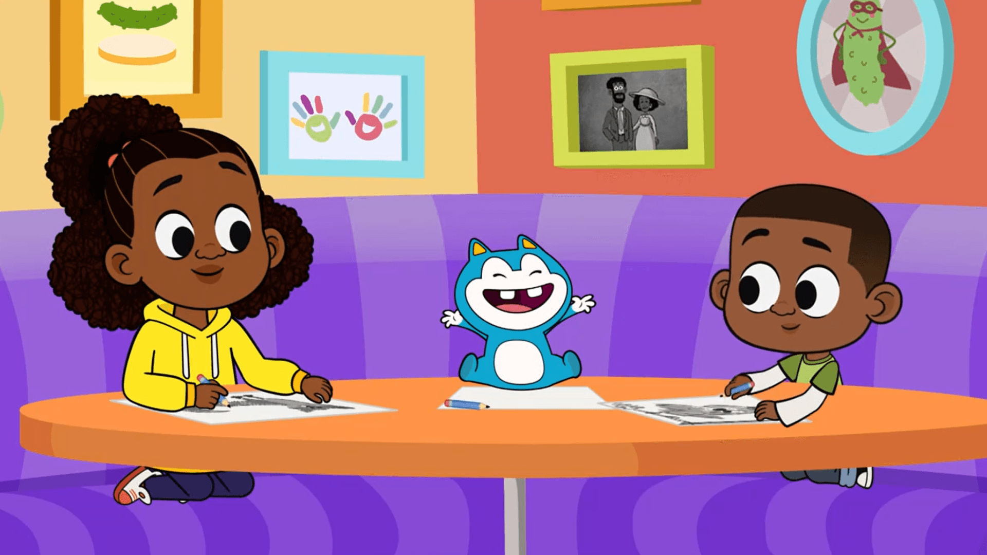 Lyla and Luke give Stu a prompt for drawing something funny.