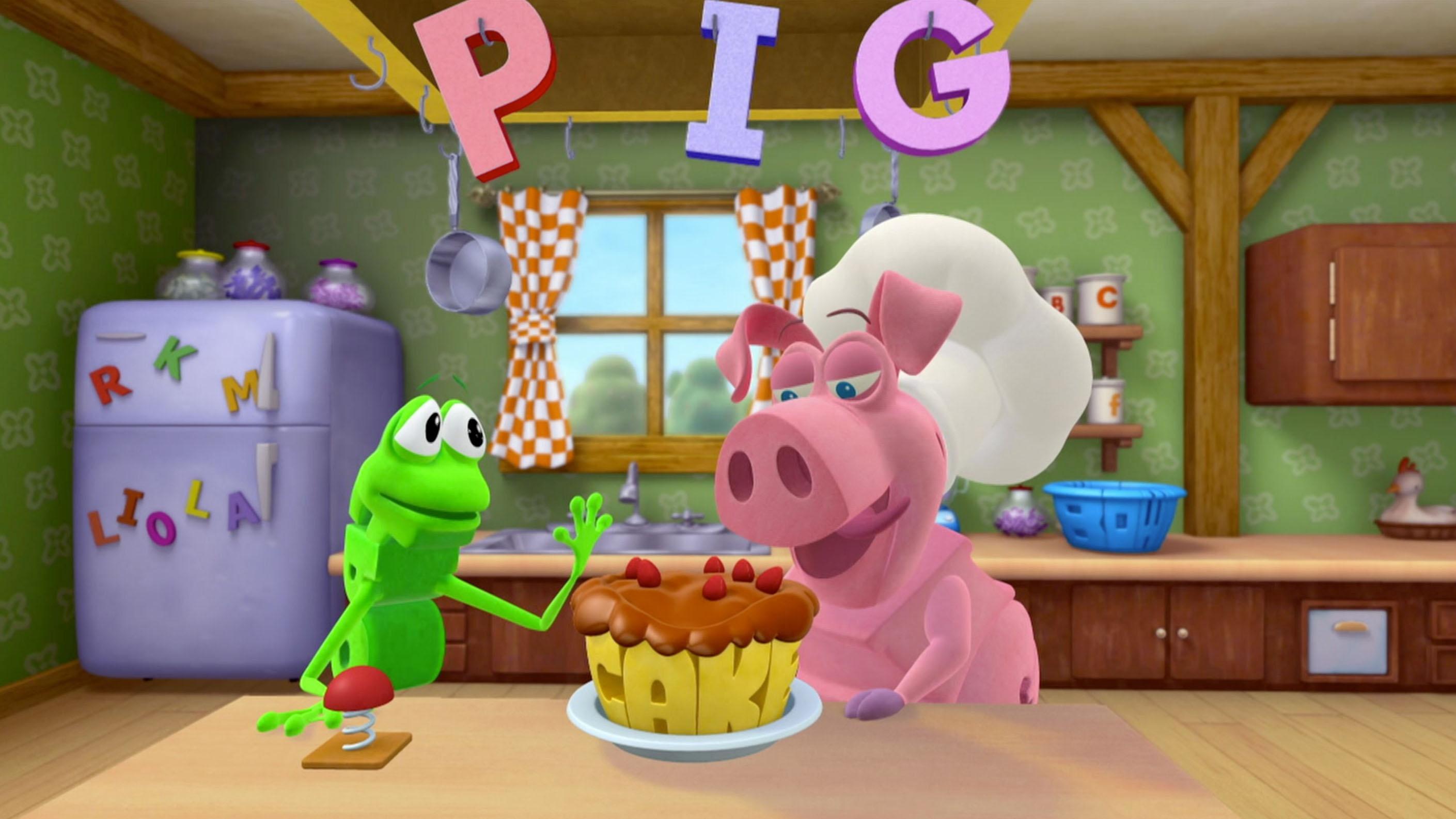 Frog needs a cake for Dog's birthday party.